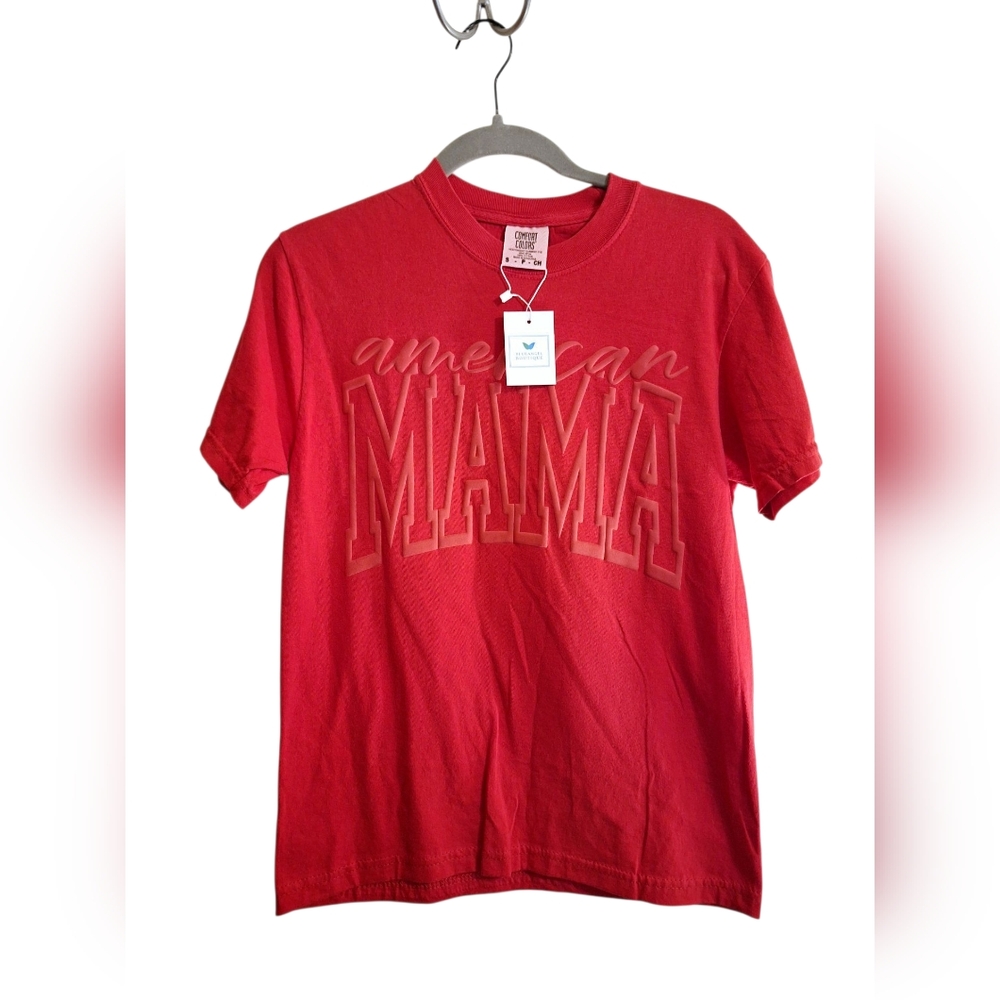 Women's Red American Mama Puff Paint Tee